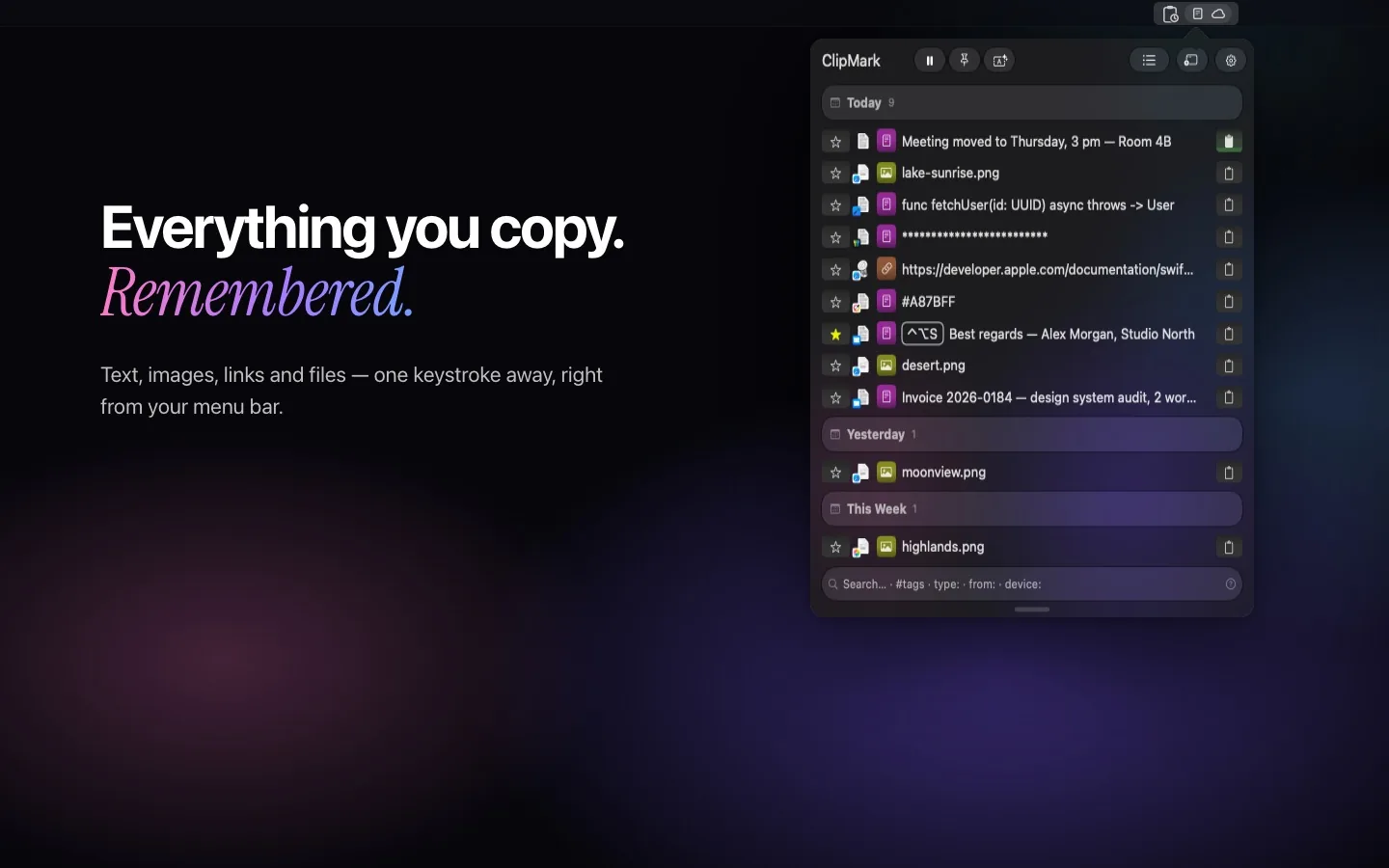 Clipboard history in the menu bar — text, images, links and files